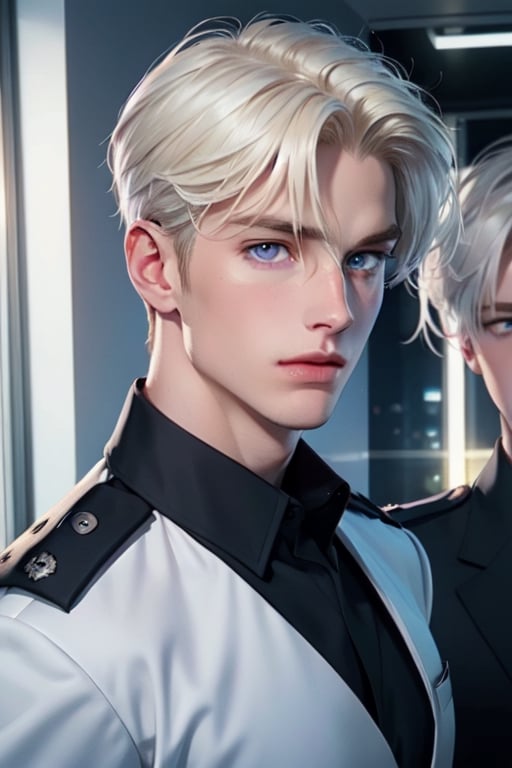 The picture shows two young men standing next to each other: the first man (tall, handsome, athletic, handsome, young man, platinum blond with blue eyes, he is dressed in a policeman's uniform, he has tanned skin, long straight platinum hair, blue eyes), the second man (young, handsome, athletic, handsome, a man, platinum blonde with violet eyes, long bangs, dressed in a policeman's uniform). Masterpiece, detailed study of the face, beautiful face, beautiful facial features, perfect image, realistic shots, detailed study of faces, full-length image, 8k, detailed image, extremely detailed illustration, a real masterpiece of the highest quality, with careful drawing. drawing.,Maxalexanderschmidt,wrenchftmfshn,AssaMaleEivor,1man,black-color