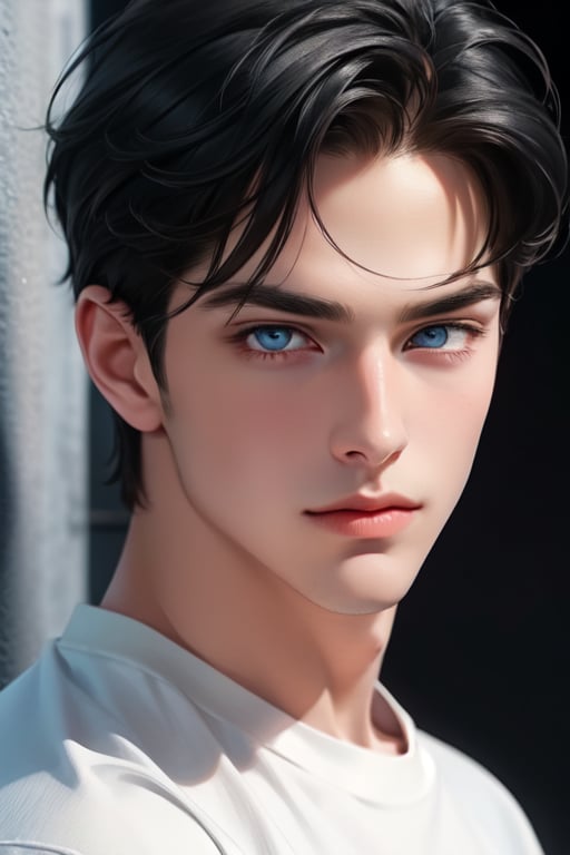 A tall, handsome, athletic, statuesque, courageous young man with very long black hair gathered in a tight knot at the back of his head, with blue eyes, long straight black hair, dressed in a black T-shirt and white jeans. Masterpiece, detailed study of the face, beautiful face, beautiful facial features, perfect image, realistic shots, detailed study of faces, full-length image, 8k, detailed image, extremely detailed illustration, a real masterpiece of the highest quality, with careful drawing. detailed eyes, beautiful face, blue eyes, handsome male, clean-shaven face, wrenchftmfshn smooth face. smooth facial skin, no facial hair, no facial hair, wrenchftmfshn, long black hair, SailorStarFighter