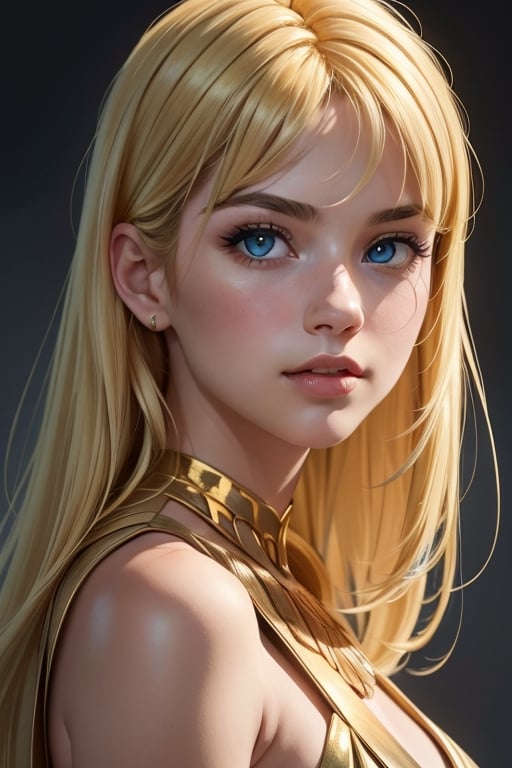 An incredibly beautiful young femme fatale is a golden-haired blonde with blue eyes, long golden hair and long bangs, dressed in an ancient Greek chiton. Masterpiece, perfect image, realistic shots, detailed study of faces, full-length image, 8k, detailed image. extremely detailed illustration, a real masterpiece of the highest quality, with careful drawing.,greek clothes