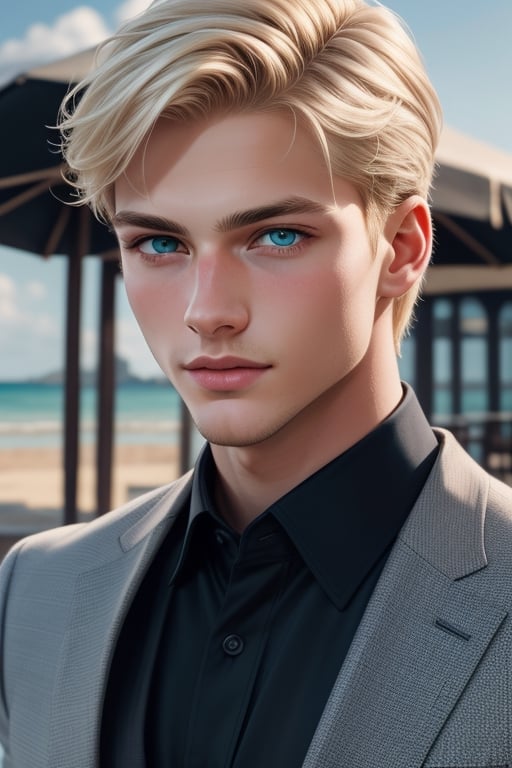 A tall, handsome, athletic, statuesque, courageous young man, platinum blond with blue eyes, long straight platinum hair combed back, dressed in an expensive branded business suit. strolling along the beach area with an incredibly beautiful femme fatale with red hair, green eyes. Masterpiece, detailed study of the face, beautiful face, beautiful facial features, perfect image, realistic shots, detailed study of faces, full-length image, 8k, detailed image, extremely detailed illustration, a real masterpiece of the highest quality, with careful drawing. detailed eyes, beautiful face, blue eyes, cute blond male,handsome male