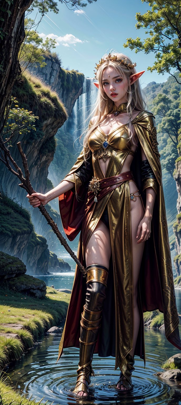 Here is a prompt for generating an image based on your description: In the warm, golden light of late afternoon, capture the serene Elf Princess standing amidst ancient forest ruins. Focus on her regal face, framed by lush foliage and vines, with the rule of thirds composition placing her at the intersection of two diagonals. Her staff, held aloft, casts a long shadow across the rust-hued ground. Enchanted clothing glimmers with amber and gold accents, complemented by a fur-trimmed cloak billowing behind her. In the distance, a willow tree's wispy branches stretch towards the sky, while a crystal-clear water source flows from a nearby cave into a tranquil pool. The surrounding cliff face, cloaked in red-hued stone, provides a dramatic backdrop for this mystical scene.