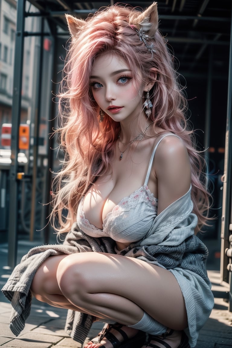 1girl,pink hair ,fairy ears,two sides up,blue eyes long hair,best_quality,animal ears ,highres,looking at viewer, extremely_detailed,perfect detailed, 8k, masterpiece,manicia,,l ,cowboy shot,,sensual face ,,smile,blush, huge breast,detail eyes,squatting ,ahegao,tongue,in towel,towel,Wrap in bath towel