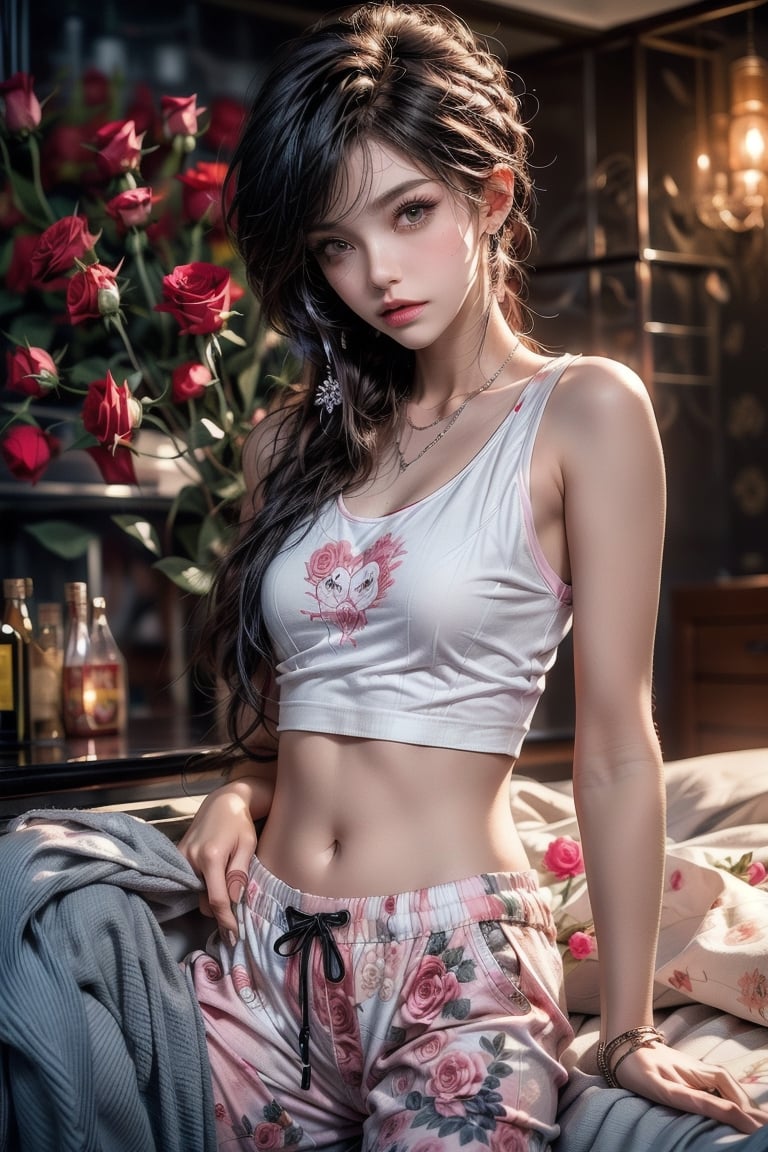 ((Full Shot:1.4)), Photograph with realistic style portrays a sexy Ruby Rose from the anime RWBY. Ruby is a fair-skinned girl with silver eyes and neck-length black hair with red tips. She has small breasts. Ruby's pajamas consist of a ((black tank top:1.2)) featuring a heart-shaped Beowolf design on the chest and ((long white pajama pants decorated with pink roses:1.2)).