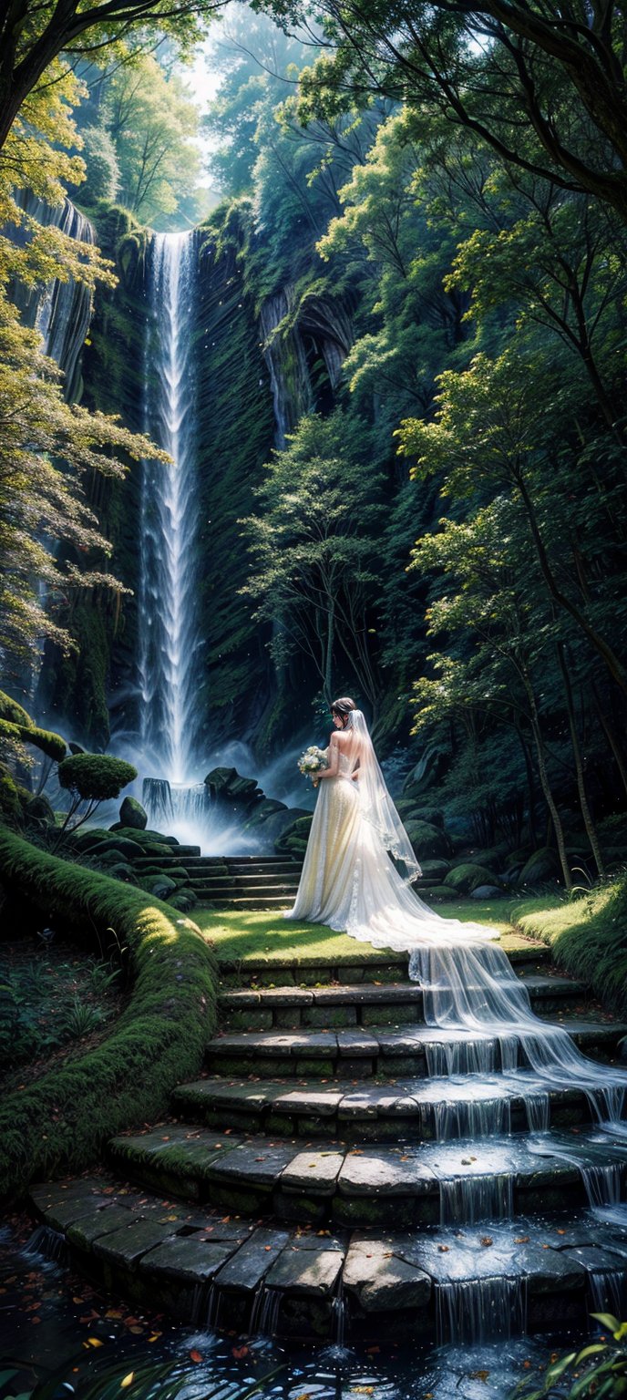 light spills through the enchanted forest, illuminating a vision in a flowing yellow wedding ballgown. Delicate embroidery shimmers with every step, and a cathedral veil cascades down her back like a waterfall of moonlight. A radiant bride, ready to begin her happily ever after in this magical fairyland,glitter,Ba11g0wn ,FuturEvoLabWedding, Enhance