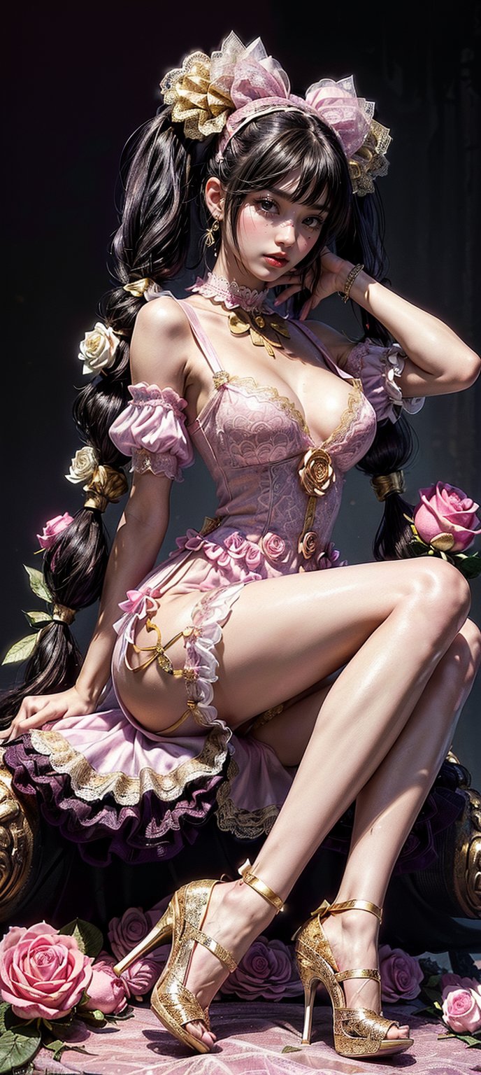 extreme detailed, (masterpiece), (top quality), (best quality), (official art), (beautiful and aesthetic:1.2), (stylish pose), (1 woman), (fractal art: 1.3), (colorful), (black hair, very_large_hair, light_purple_eyes, magazine style,pigtails in her hair with pink bows, a big rose in her hand, a luxurious white dress with gold, a pink choker with white lace, sitting on a giant pink diamond, black background,fluffy dress, high heels theme: 1.5), full body, 1girl, slim body, petite, skinny, very long hair, wave hair, looking at viewer, 