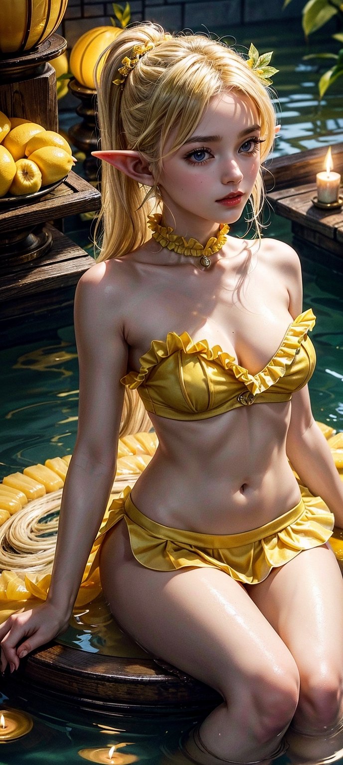 1 elf girl, blonde hair, topaz-gold eyes, yellow hairpin, (smile:0.8), (yellow frilled tube top), upper body, sitting, onsen, (many yellow fruits floating on water), candles, candlelight, steam, looking at viewer, (intricate:1.1), (yellow theme:1.1), (yellow tone:1.1), 


















