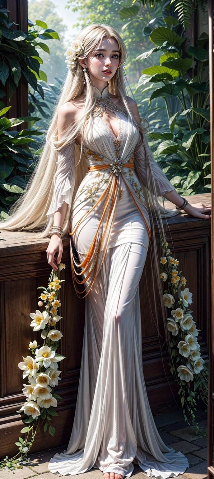 Create an artwork of a person with long, flowing hair intertwined with an array of white and orange flowers, wearing a garment that harmonizes with the botanical surroundings. The overall atmosphere should evoke an ethereal and dreamlike essence. 



 