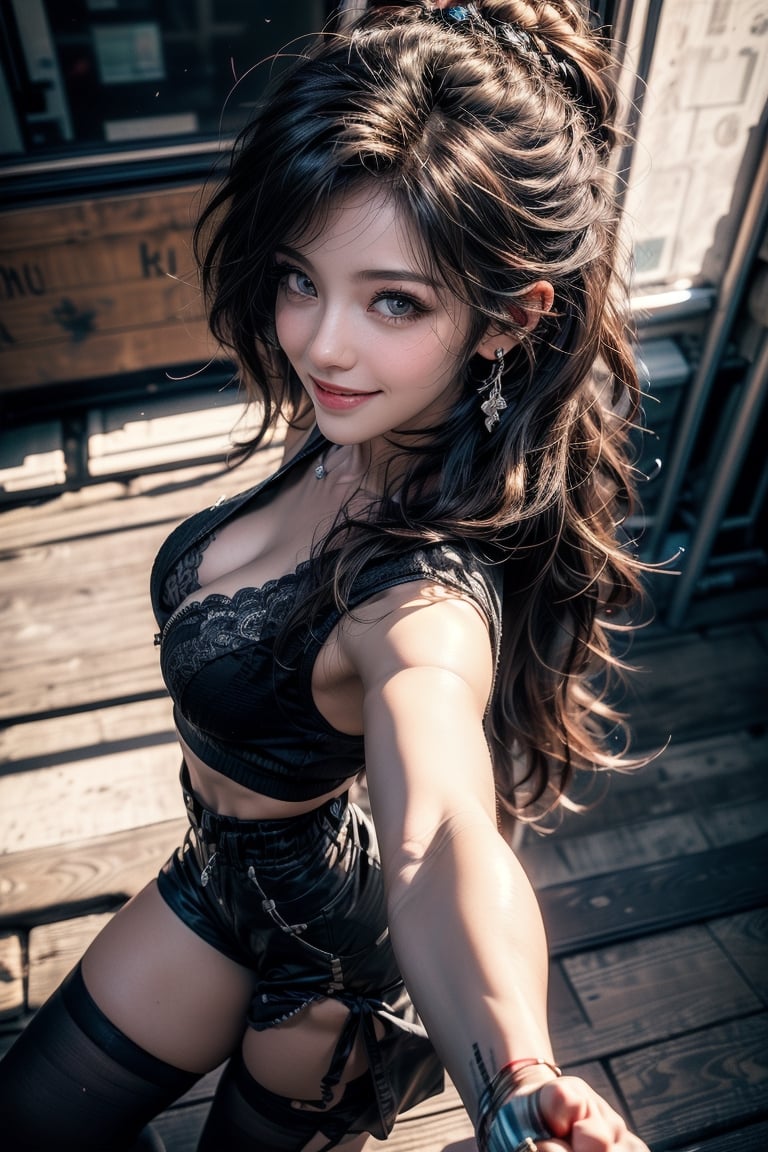 Natural Light, (Best Quality, Masterpiece), (((perfect anatomy))), (beautiful and detailed eyes), (realistic detailed skin texture), (detailed hair), (Fantasy aesthetic style), (realistic light and shadow), (real and delicate background), 1girl, solo, long hair, sports bra, black peaked cap, booty shorts, thighhighs, grin smile, smug, looking at viewer, sport, ((dancing stance)), ((full body shot)), ((from above:1.5)), big tits, ((cleavage)), ((beach background)),