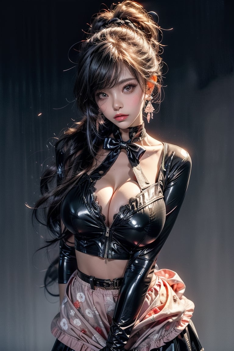 1girl, solo, long hair, breasts, looking at viewer, blush, bangs, skirt, simple background, shirt, black hair, gloves, bow, ribbon, twintails, jewelry, closed mouth, purple eyes, earrings, frills, black gloves, shiny, grey background, clothes lift, collar, bodysuit, black bow, piercing, skirt lift, lifted by self, ear piercing, skin tight, pink shirt, shiny clothes, latex, latex bodysuit, jirai kei, (perfect hourglass figure), (perfect perky tits), (focus on breasts),(breast blush), (detailed facial features) , (bent over) ,Sexy Pose,Styles Pose