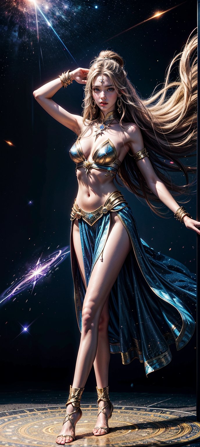 Generate a super exquisite image of a magical female warrior (supermodel). She stands on the magic circle of a six-pointed star, with her hands raised to cast strong magic, space background, magic special effects, light particles,better_hands,girlvn,realhands 