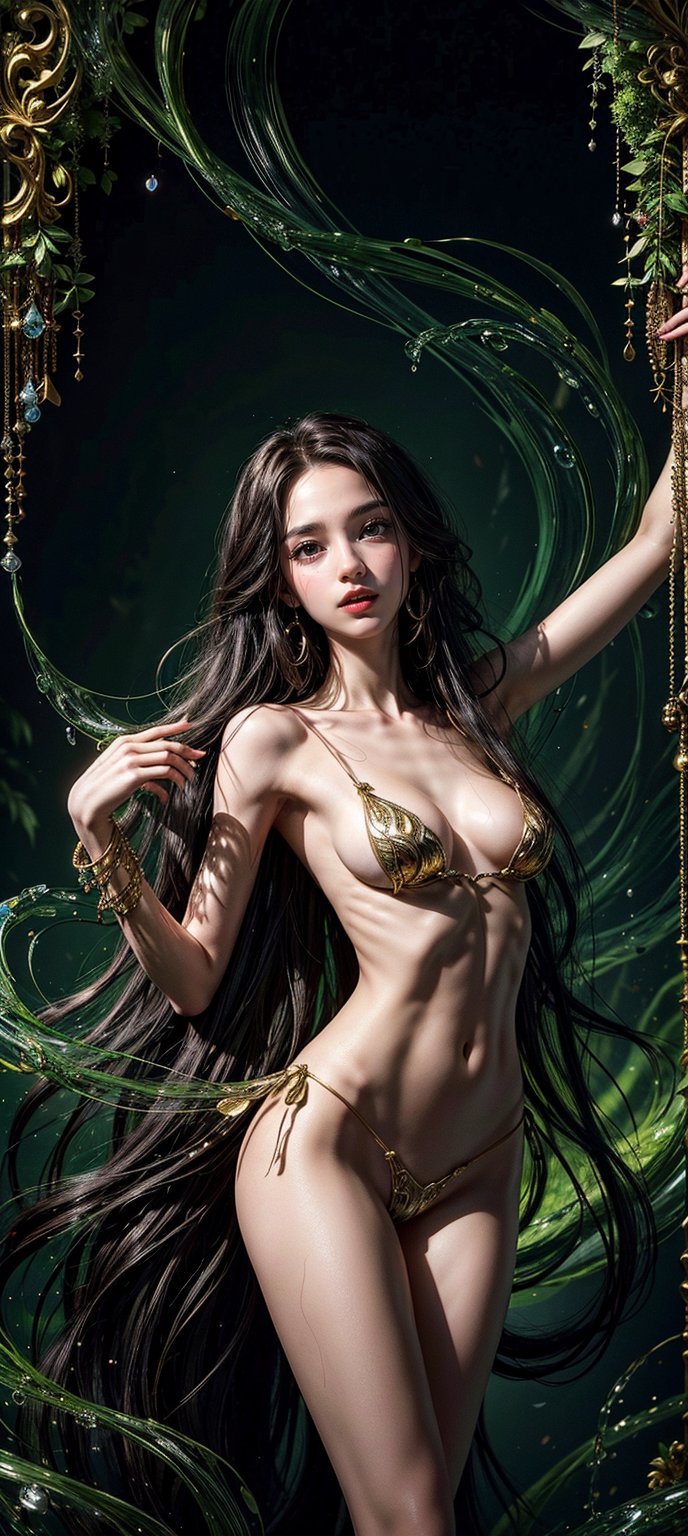 A masterpiece of vibrant artistry, this stunning piece features a petite maiden with long, luscious locks gazing directly at the viewer. Her slender physique is draped in a flowing black and green ensemble, accented by delicate golden trinkets. The atmospheric forest backdrop yields to a mystical cave entrance, where swirling vortex-like drops of colorful liquid seem to defy gravity. Her stylish pose exudes confidence, as if beckoning the viewer into this whimsical realm. 