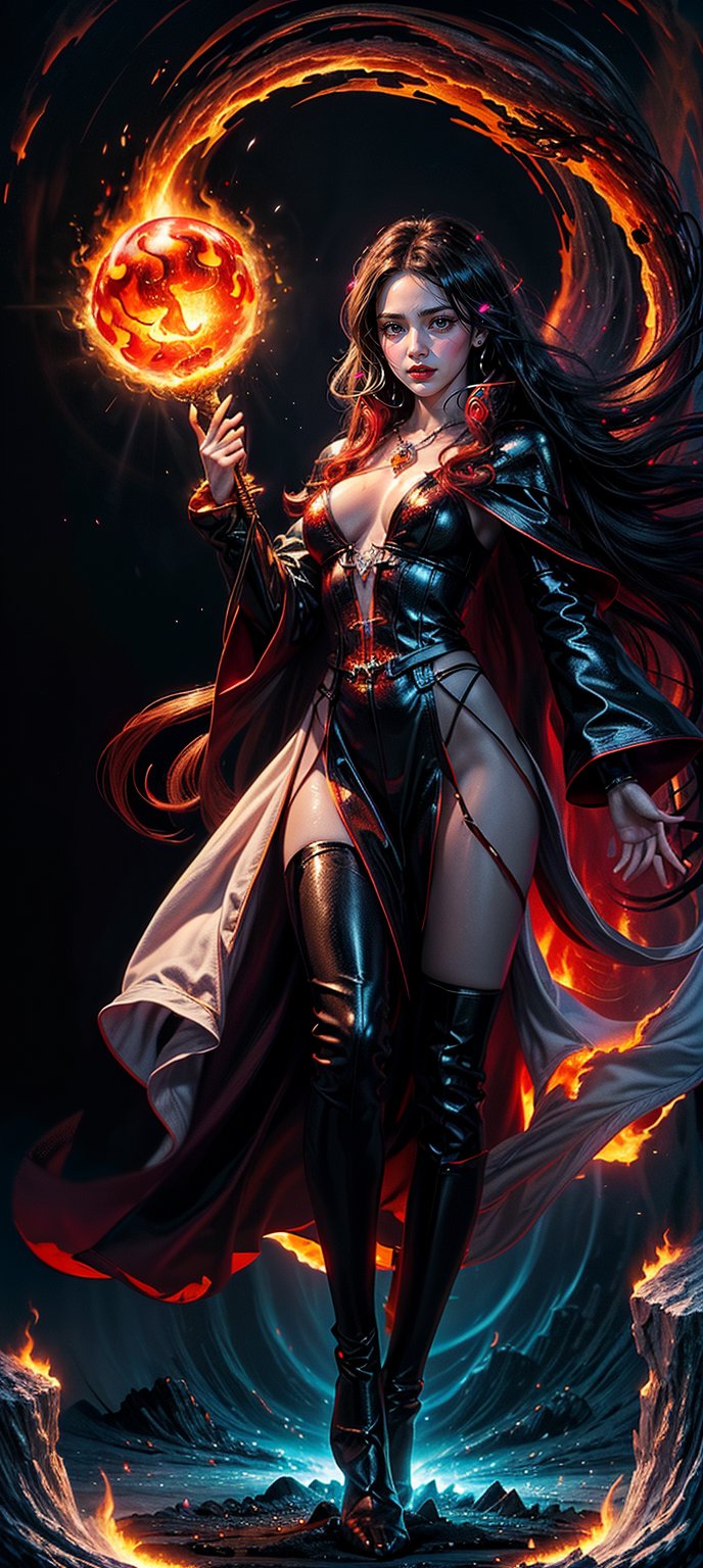 1girl, beautiful women, magic robe,sky, wizard, cloak,staff, ocean, dynamic pose, ((glowing magical fire balls)), light particles, crystal necklace glowing eyes, (wind reding hairs, full body), shooting , splash art,fantasy, intense look, super sharp,cool (glow, fog, fire, white, black, red theme:1.5)



 