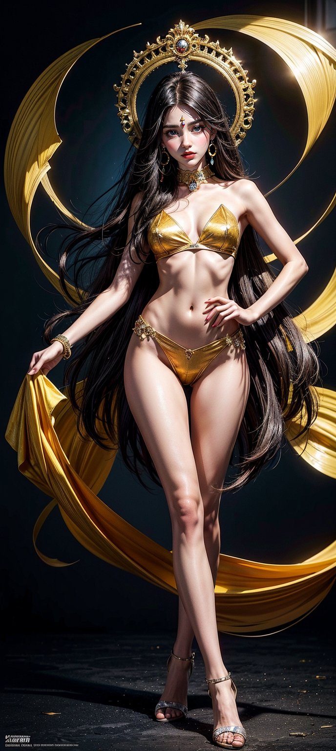 Vibrant masterpiece of a young woman with a slender, petite physique and striking long hair, posing elegantly in a stylish full-body shot that radiates beauty and aesthetic appeal. Her bright, colorful attire complements her flawless skin tone as she gazes directly at the viewer with an air of confidence and soulfulness, exuding top-quality charm and allure.