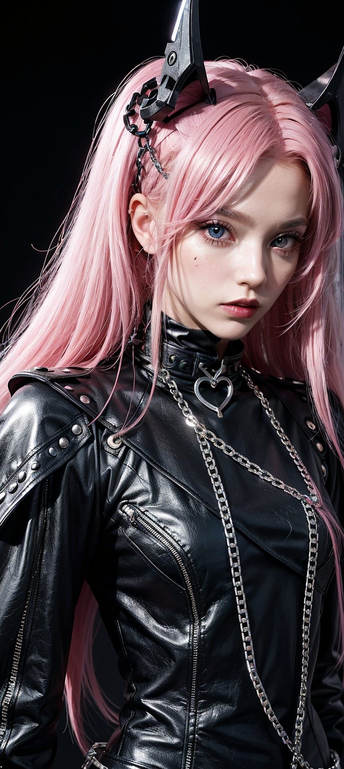 a vibrant pink haired female doll stands against a stark black backdrop. She is dressed in a black leather outfit adorned with a black helmet, adorned with silver skulls and chains. Her hair cascades over her shoulders, adding a pop of color to her outfit. Her eyes are adorned with black paint, adding contrast to her features. Realism