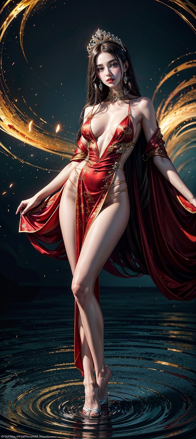 A majestic masterpiece of artistry, a vision of breathtaking beauty and elegance. A petite, slender maiden with long, luscious locks gazes directly into the viewer's eyes, her complexion radiant as porcelain. Against a backdrop of swirling vortex-like colors, she stands resplendent in a flowing red ensemble adorned with glinting gold accents, her full figure draped majestically to emphasize every curve. The surrounding atmosphere is awash with vibrant hues, evoking the turbulent waters of a river, while her stylish pose exudes poise and sophistication.