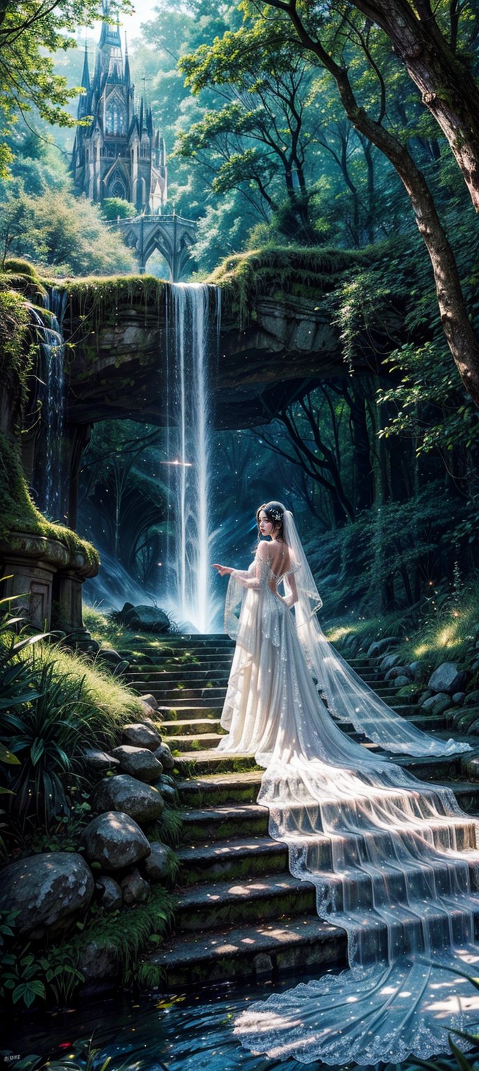 light spills through the enchanted forest, illuminating a vision in a flowing yellow wedding ballgown. Delicate embroidery shimmers with every step, and a cathedral veil cascades down her back like a waterfall of moonlight. A radiant bride, ready to begin her happily ever after in this magical fairyland,glitter,Ba11g0wn ,FuturEvoLabWedding, Enhance