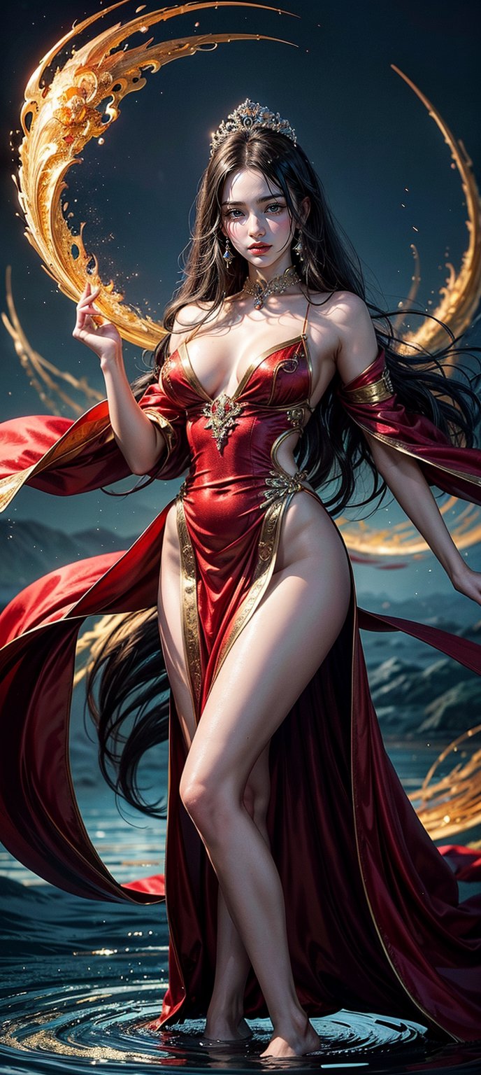 A majestic masterpiece of artistry, a vision of breathtaking beauty and elegance. A petite, slender maiden with long, luscious locks gazes directly into the viewer's eyes, her complexion radiant as porcelain. Against a backdrop of swirling vortex-like colors, she stands resplendent in a flowing red ensemble adorned with glinting gold accents, her full figure draped majestically to emphasize every curve. The surrounding atmosphere is awash with vibrant hues, evoking the turbulent waters of a river, while her stylish pose exudes poise and sophistication.