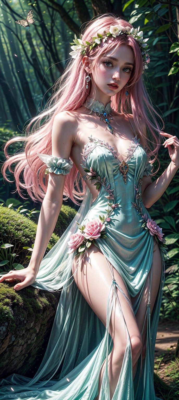 fairy, green nature, pink hair, pink eyes, white dress, long hair, flowing hair, gentle smile, graceful, elegant, beautiful, delicate features, rose-themed, floral accents, magical aura, fantasy setting, soft lighting, magical glow, whimsical, dreamlike, enchanting atmosphere, storybook-like, fairytale-inspired, surrounded by nature, magical creatures, enchanting forest, glowing flowers, butterfly accessories, delicate butterfly wings, gentle breeze, flowing dress, peaceful, serene, magical powers, glowing eyes, magical symbols, fairy tale castle, magical landscape, fantasy art, masterwork, high quality, ultra-detailed, ethereal beauty, otherworldly, fantasy lighting.",xuer Lotus leaf,DonM0m3g4,TinkerWaifu,Anigame ,glowwave,TDSVxxx,sks,firefliesfireflies,floral dress