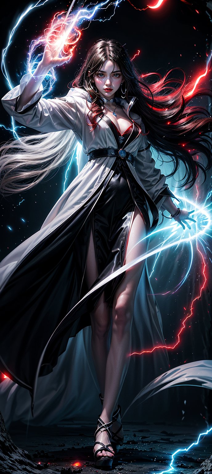 1girl, beautiful women, magic robe,sky, wizard, cloak,staff, ocean, dynamic pose, (glowing magical electricity balls), light particles, crystal necklace glowing eyes, (wind reding hairs, full body), shooting , splash art,fantasy, intense look, super sharp,cool (fog, electricity, red, white, black theme:1.5)



 