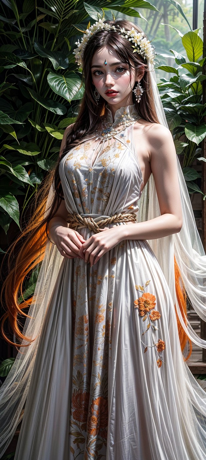 Create an artwork of a person with long, flowing hair intertwined with an array of white and orange flowers, wearing a garment that harmonizes with the botanical surroundings. The overall atmosphere should evoke an ethereal and dreamlike essence. 



 