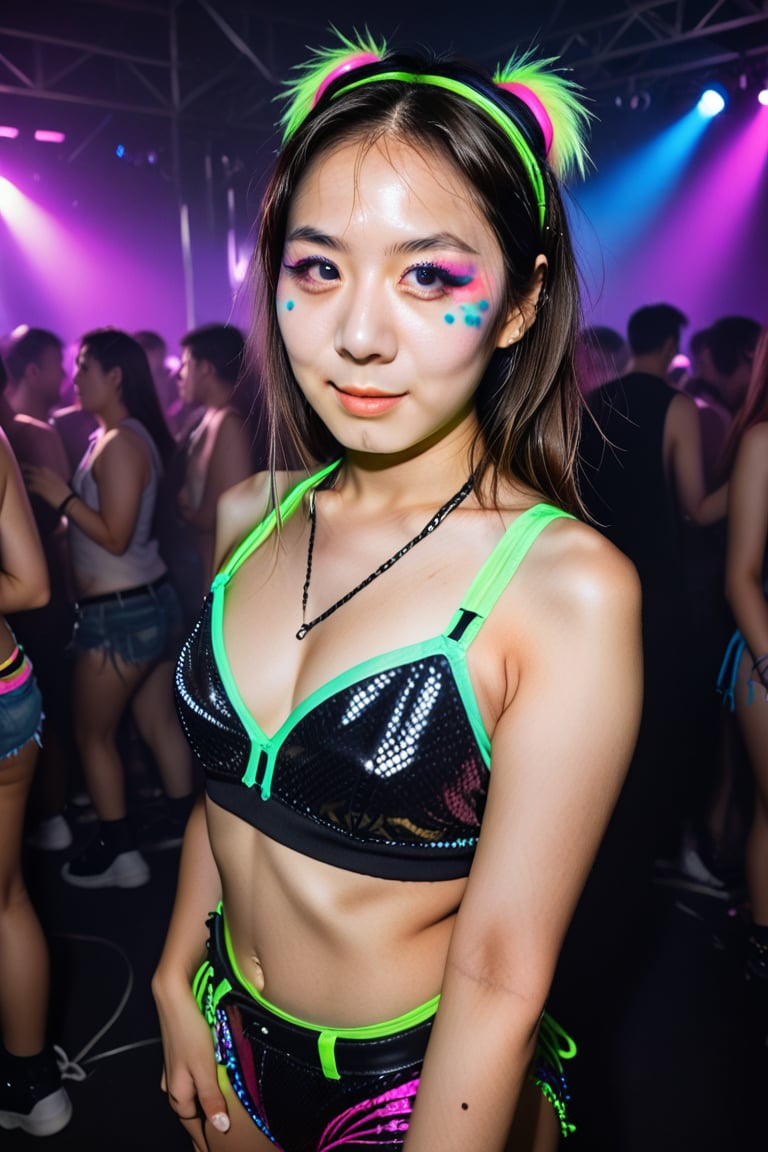 woman, looking at viewer, sexy, at a rave, low light, ,r4veclothes,r4ver,