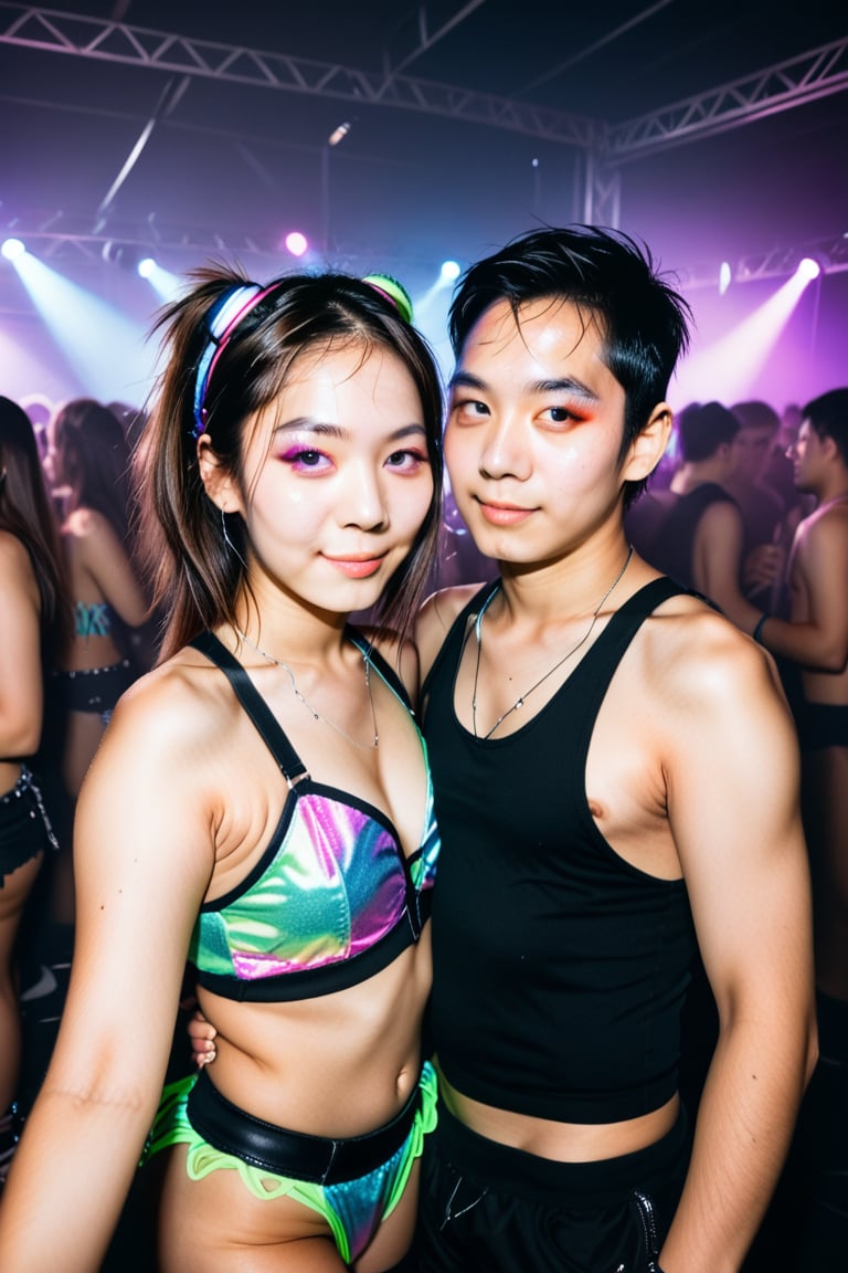 woman, looking at viewer, sexy, at a rave, low light, ,r4veclothes,r4ver, making out with a man, 1girl, 1boy, couple, hetero