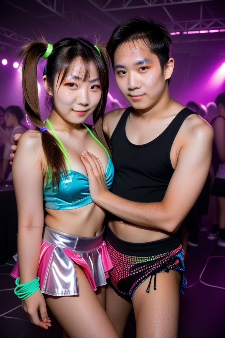 woman, looking at viewer, sexy, twintails, at a rave, low light, ,r4veclothes,r4ver, skirt, flirting with a man, 1girl, 1boy, couple