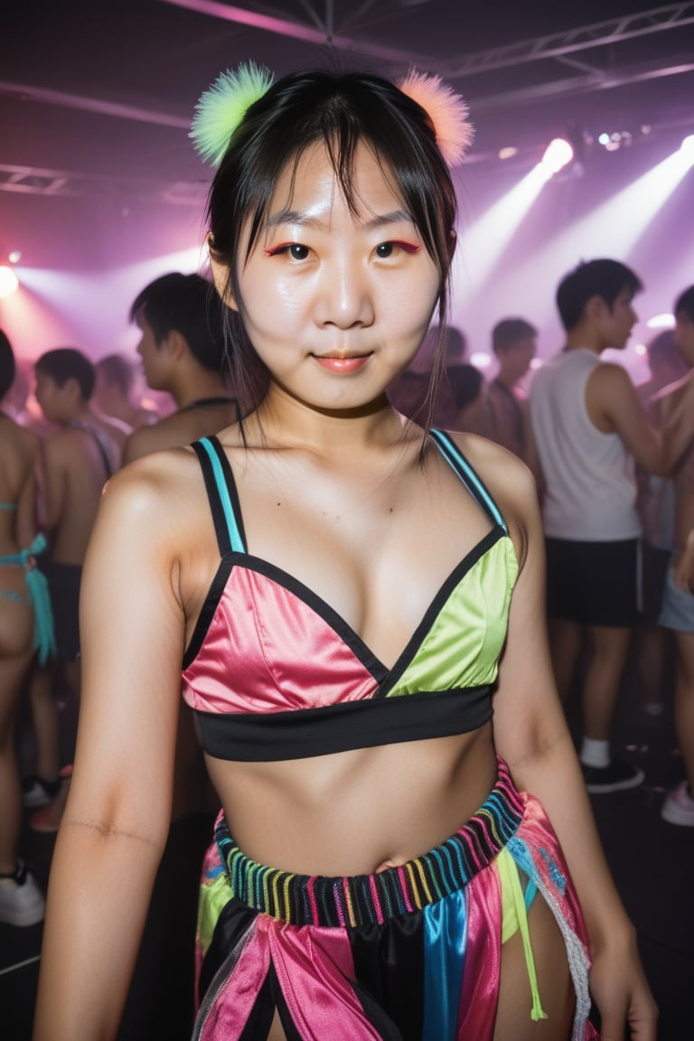 woman, asian, looking at viewer, asian, r4veclothes, r4ver, raver clothes, at a rave, low light, 