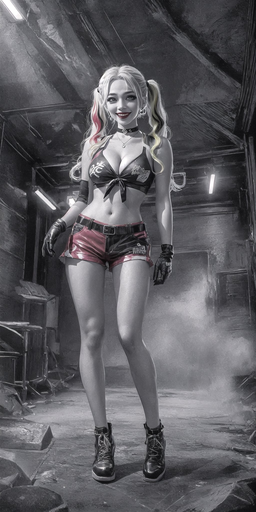 CARTOON_harley_quinn_rebirth_ownwaifu, multicolored hair, two-tone hair, twintails, blonde hair, lipstick, gloves, eyeshadow, cleavage, navel, midriff, gradient hair, short low weist shorts, choker, long hair, sexy body, hot body, sport body, sexy pose, full body view perspective, Point of view: 1.3, snickers, Detailedface
photorealistic, cinematic light, ultraHD resolution, extremely detailed, realism, realistic skin, natural skin, high quallity, detailed face, high quallity face, big beautiful eyes, hot body,  beautiful legs, aesthetic, beautiful natural medium boobs, evil smile, edgGesugao, edgGesugao facial expression, sadistic smile