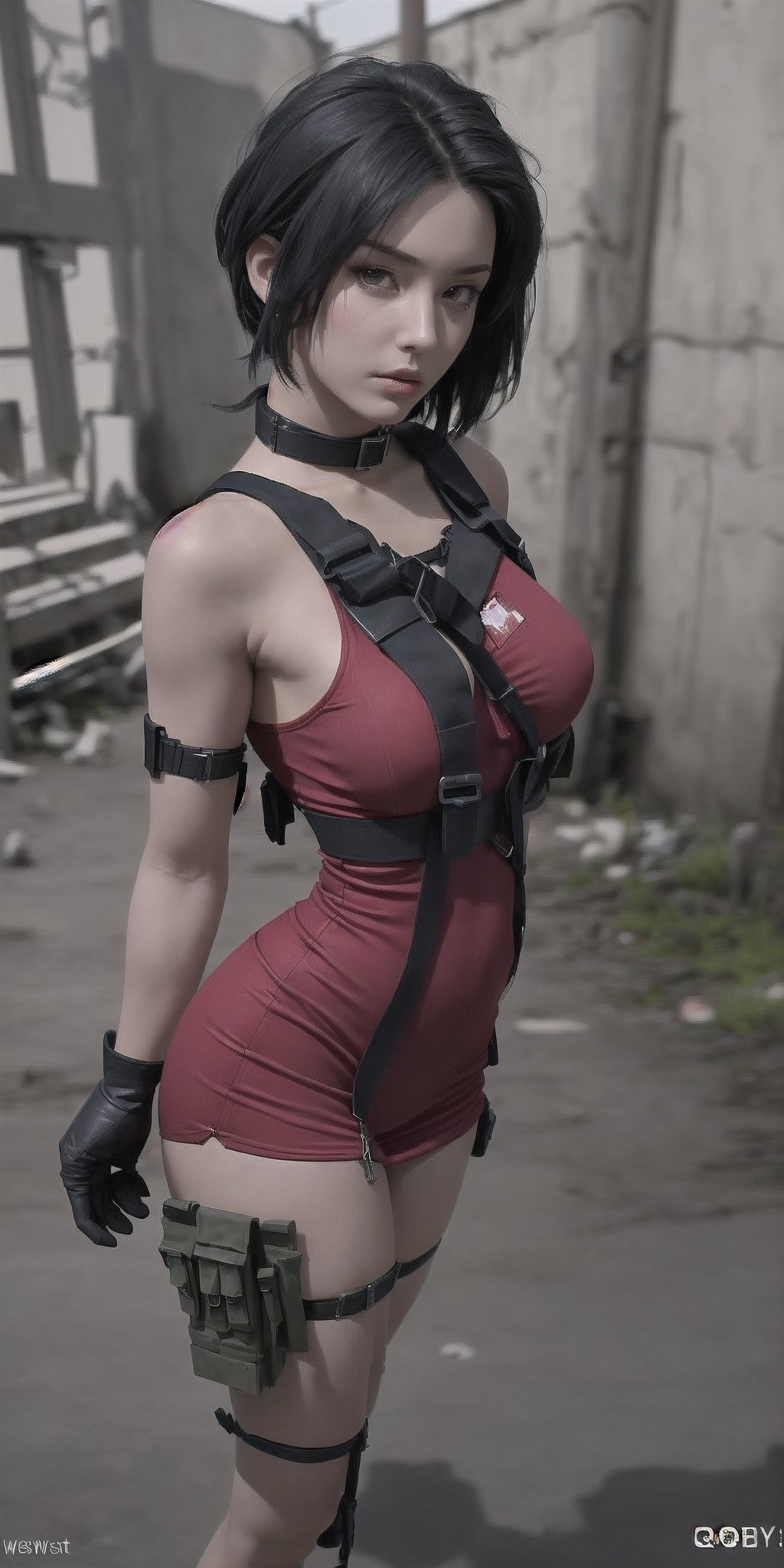 AdaWongRE, sexy pose,post-apocalyptic street, very slim weist, sport body, pixie_hairstyle, black hair, red long tight dress, collar on the neck, brest 3 size, open shoulders, sport long legs, military ammunition straps on the chest and legs, natural skin, realistic skin, ammunition straps, ammunition belts, short black gloves, detailed fingers, photorealism, high quallity, side_view_perspective, 