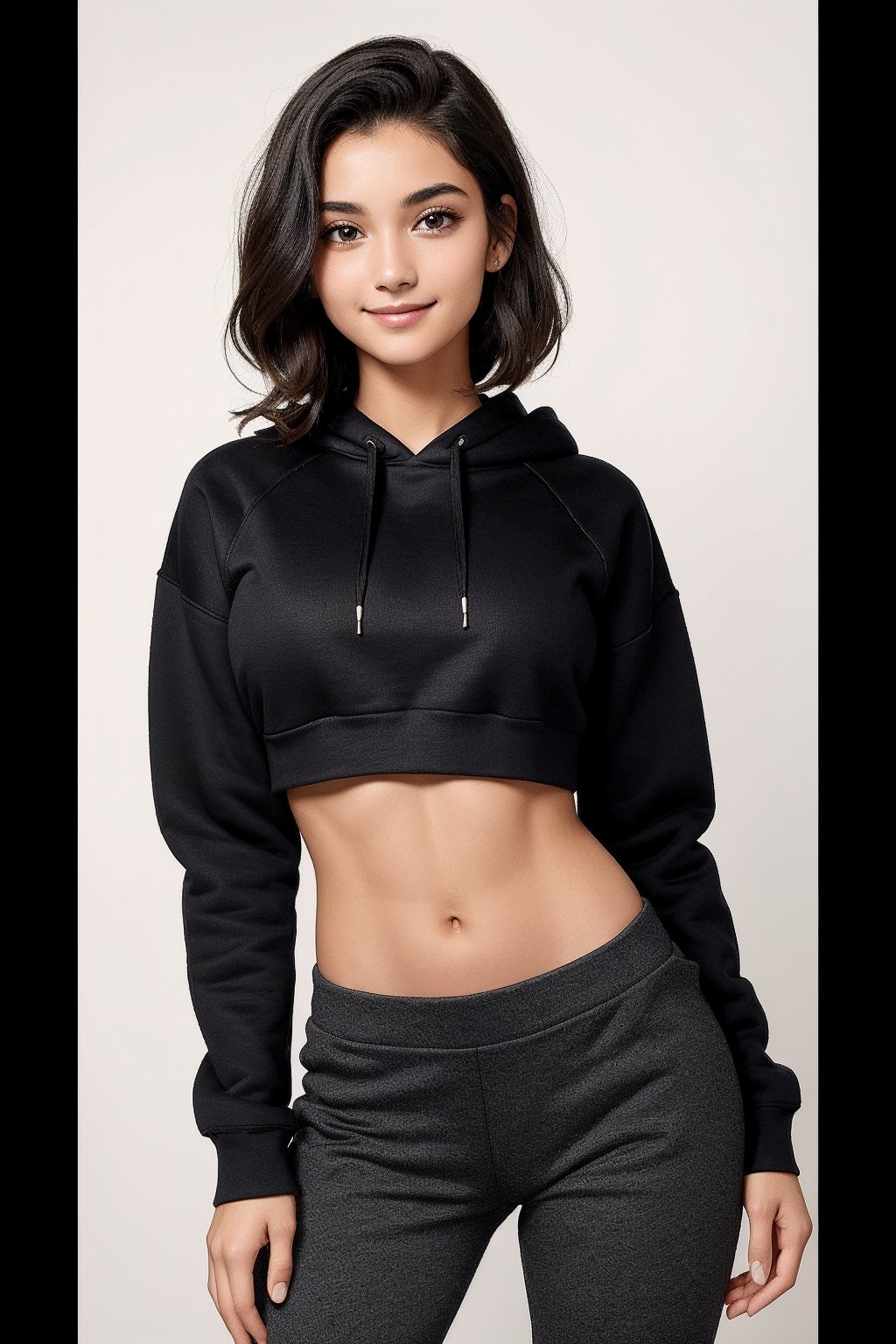 4k,best quality,masterpiece,20yo 1girl,(cropped tight sweatshirt),(demin pant), alluring smile, open hoodie,

(Beautiful and detailed eyes),
Detailed face, detailed eyes, double eyelids ,thin face, real hands, sexy thin body, semi visible abs, ((short hair with long locks:1.2)), black hair, thin weist, medium 4 size breast, black background,


real person, color splash style photo,
