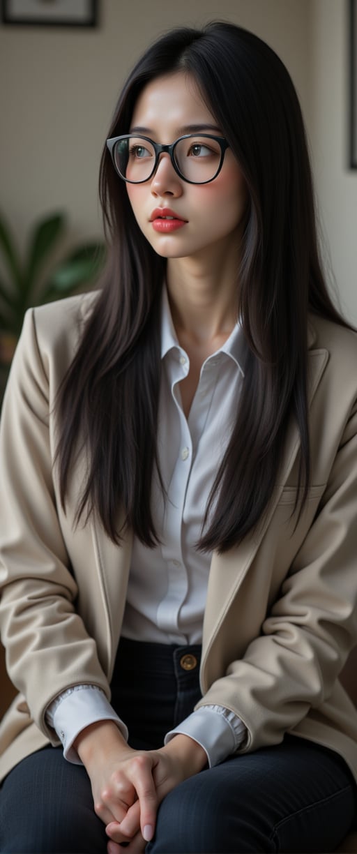 40 years old Asian woman, long straight hair, wear glasses, sit,sad, candid moment, black hair, long sleeves,jacket, white collared shirt, cowboy shot, indoors, open jacket, solo focus, pants