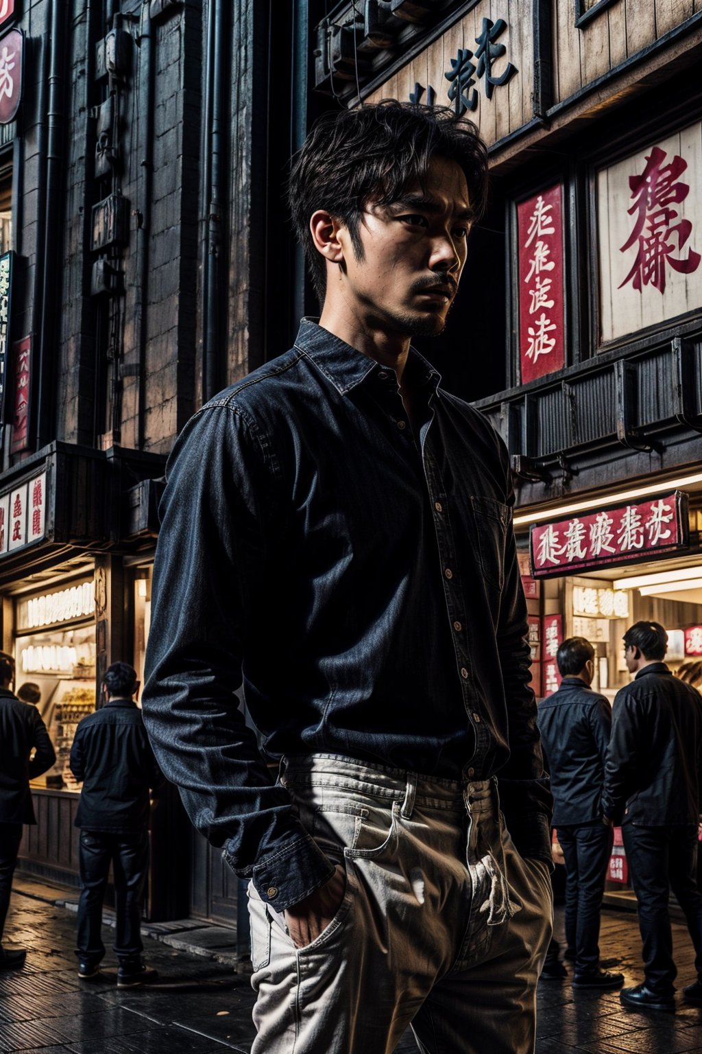 1man,close up photo, ((male)),looking at viewer, short hair, shirt, black hair, closed mouth, standing, white shirt, (white collared shirt),(rolled up long sleeves). male focus, outdoors, pants, black pants, box, jeans, realistic, shop, a picture by Ni Yuanlu, pexels contest winner, photorealism, still from a live action movie, in style of kar wai wong, a still of kowloon, movie still 8 k, japanese live-action movie, cinematic. by leng jun, 8 k movie still,shop, realistic