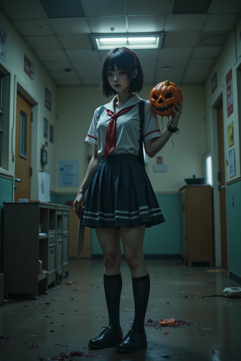 In a dimly lit, abandoned school building at dusk, a high school girl with a bobcut hairstyle and a red ribbon tied around her head stands out against the eerie atmosphere. She wears a Japanese schoolgirl uniform, complete with high knee socks, but her overall appearance is marred by a creepy smile and bloodstains covering her clothes. Her right hand grasps a large kitchen knife, while her left hand cradles an equally massive pumpkin mask. The flickering fluorescent lights overhead cast long shadows, accentuating the girl's unsettling demeanor as she surveys her desolate surroundings.