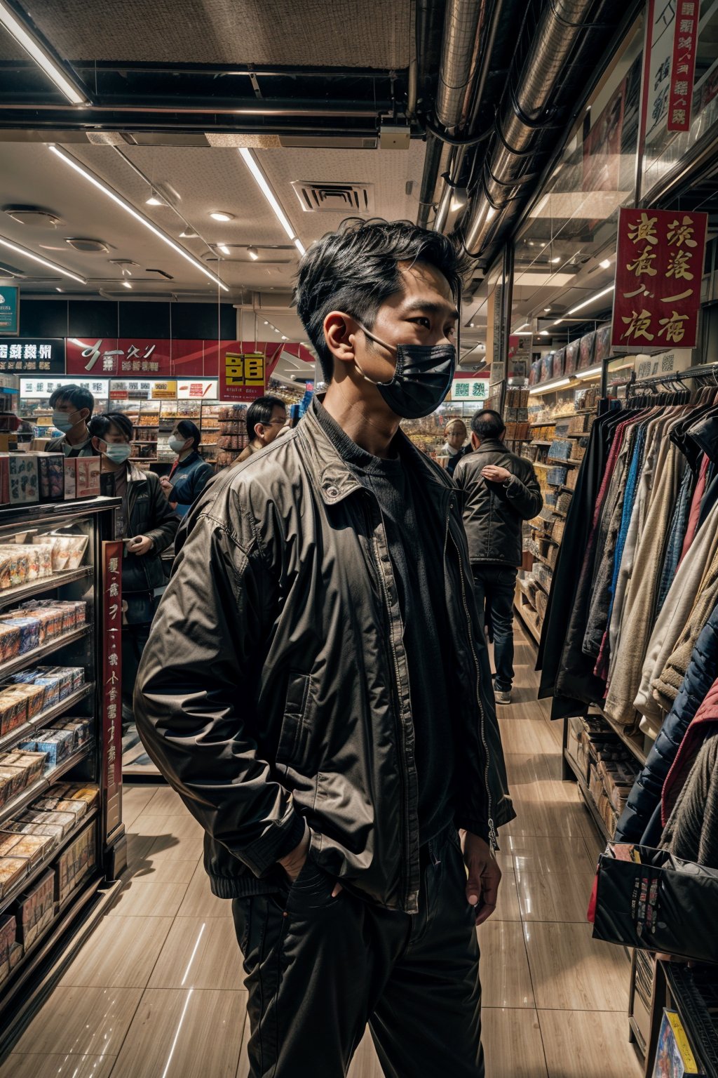 1man,((male)), ((front view)),((eyes on viewer)), man standing in the middle of a store wear jacket,((fit body)), a picture by Ni Yuanlu, pexels contest winner, photorealism, still from a live action movie, in style of kar wai wong, a still of kowloon, movie still 8 k, japanese live-action movie, cinematic. by leng jun, 8 k movie still