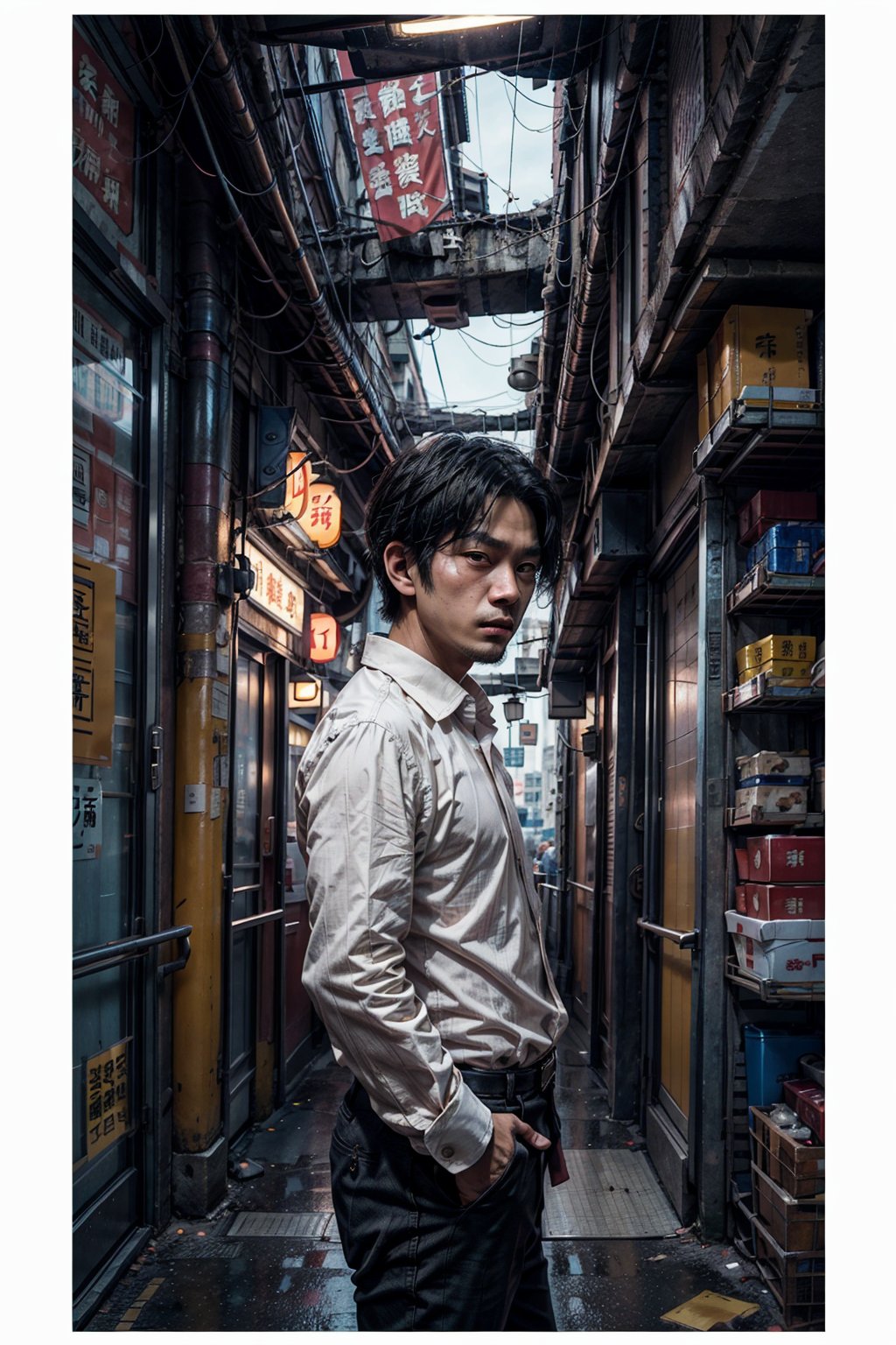 1man,((male)), ((front view)),((eyes on viewer)), man standing in office, wear white collared shirt,long sleeves,,((fit body)), a picture by Ni Yuanlu, pexels contest winner, photorealism, still from a live action movie, in style of kar wai wong, a still of kowloon, movie still 8 k, japanese live-action movie, cinematic. by leng jun, 8 k movie still