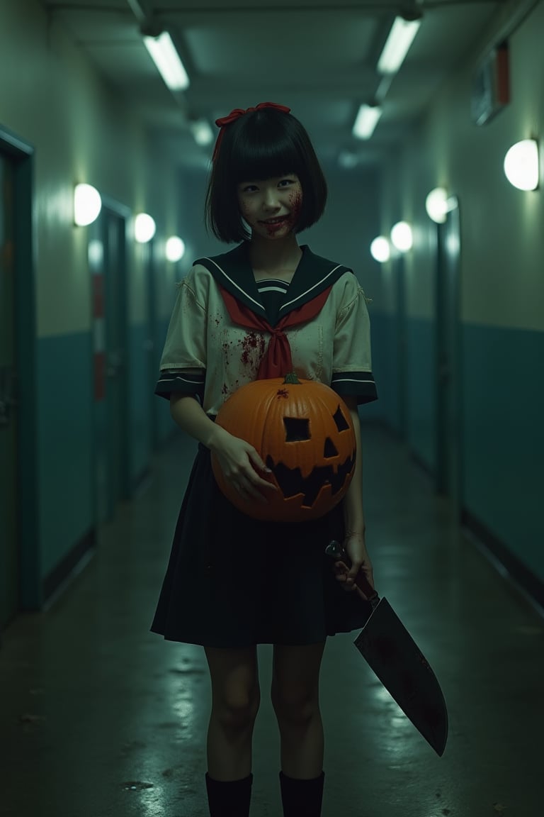 In a dimly lit, abandoned school building at dusk, a high school girl with a bobcut hairstyle and a red ribbon tied around her head stands out against the eerie atmosphere. She wears a Japanese schoolgirl uniform, complete with high knee socks, but her overall appearance is marred by a creepy smile and bloodstains covering her clothes. Her right hand grasps a large kitchen knife, while her left hand cradles an equally massive pumpkin mask. The flickering fluorescent lights overhead cast long shadows, accentuating the girl's unsettling demeanor as she surveys her desolate surroundings.