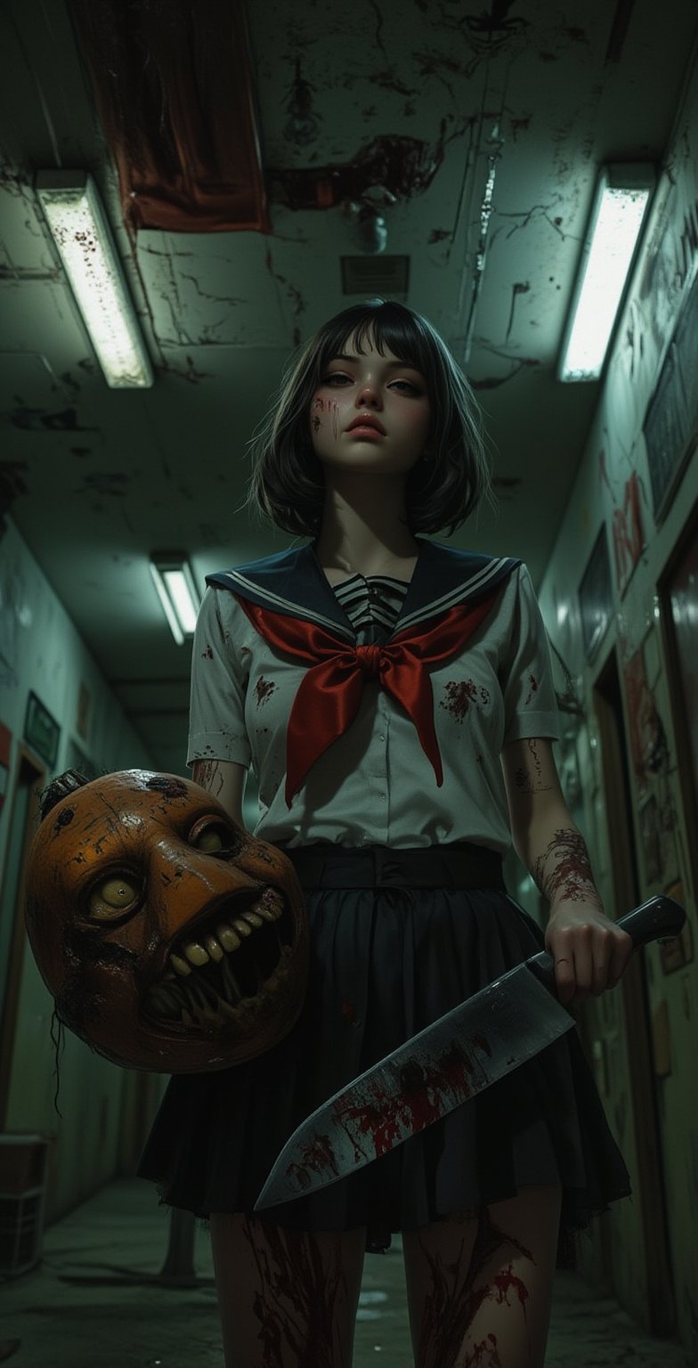 In a dimly lit, abandoned school building at dusk, a high school girl with a bobcut hairstyle and a red ribbon tied around her head stands out against the eerie atmosphere. She wears a Japanese schoolgirl uniform, complete with high knee socks, but her overall appearance is marred by a creepy smile and bloodstains covering her clothes. Her right hand grasps a large kitchen knife, while her left hand cradles an equally massive pumpkin mask. The flickering fluorescent lights overhead cast long shadows, accentuating the girl's unsettling demeanor as she surveys her desolate surroundings.