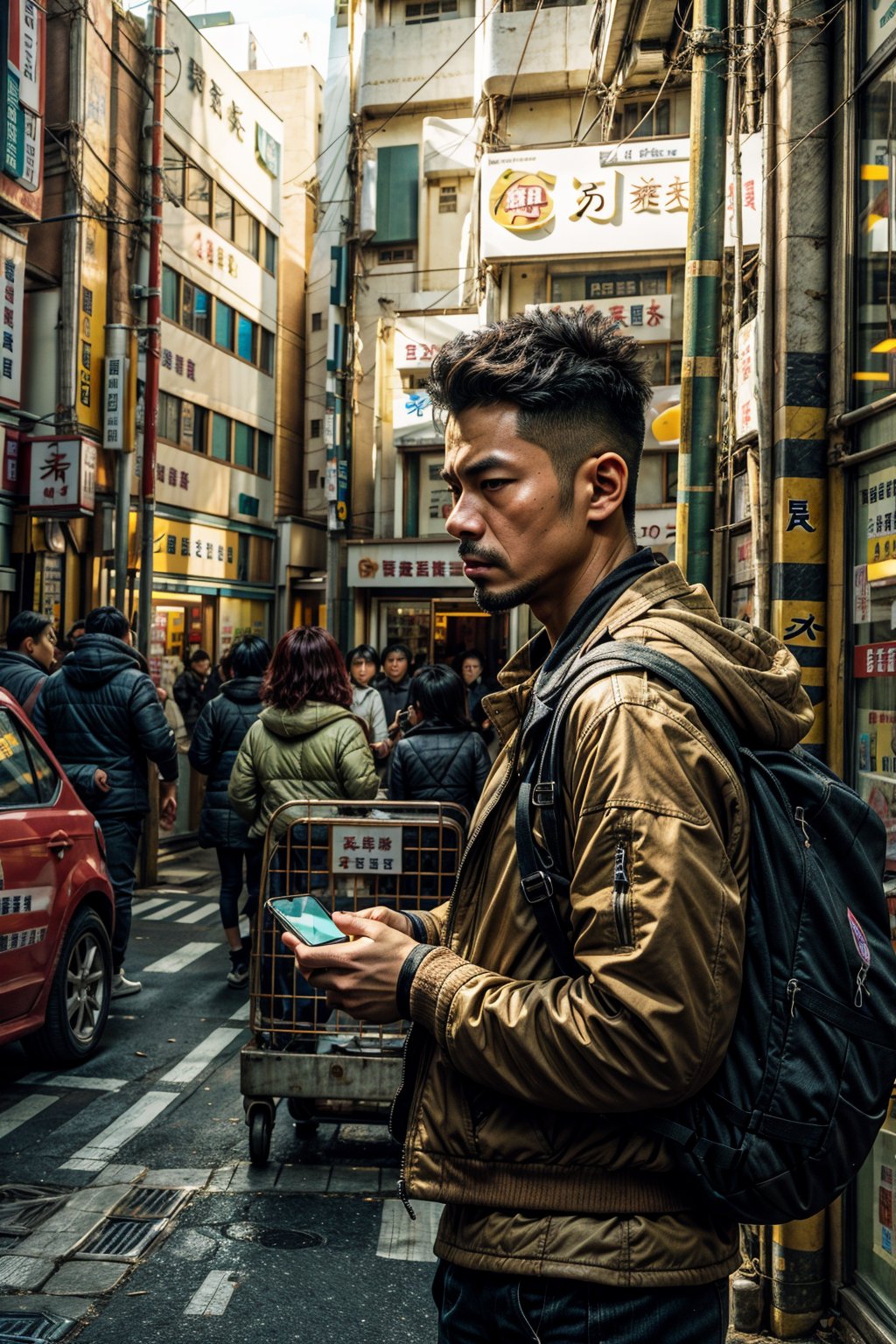 close up photo, man standing in front of a store with a cell phone, a still of kowloon, still from a live action movie, set in post apocalyptic tokyo, 8 k movie still, extreme drama, movie still 8 k, scene from live action movie, japanese live-action movie, actor, screenshot from a movie, in style of kar wai wong, HyperSmoke, dark, background, black, backlit, theme, Dramatic, lighting