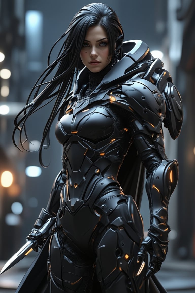 woman in a black outfit and a large claw, wearing techwear and armor, as overwatch character, cyberpunk angry gorgeous goddess, girl in mecha cyber armor, 8 k, cyberpunk mech, cyborg fashion shot, dystopian scifi outfit, sci fi female character, as an overwatch character