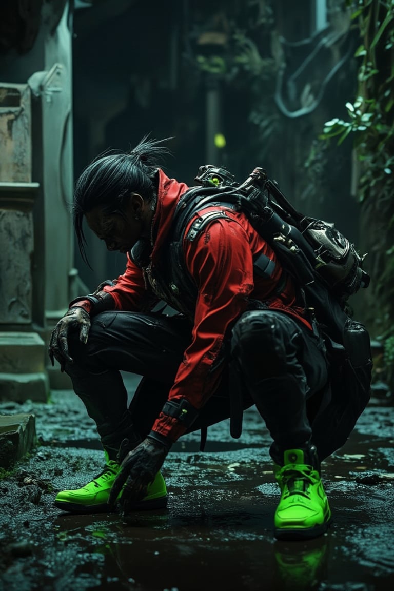 
rugged asian man in a red shirt and bomber jacket, baggy pants,lime green in detail,dirty and wet skin,  cyberpunk dark fantasy, squat position, sneaker shoes, long tech wear jacket, oily skin, graveyard at night setting is illuminated by dramatic, high-contrast lighting, creating a moody, mysterious atmosphere. at night, haunting beauty of the scene. worm view photoshoot
