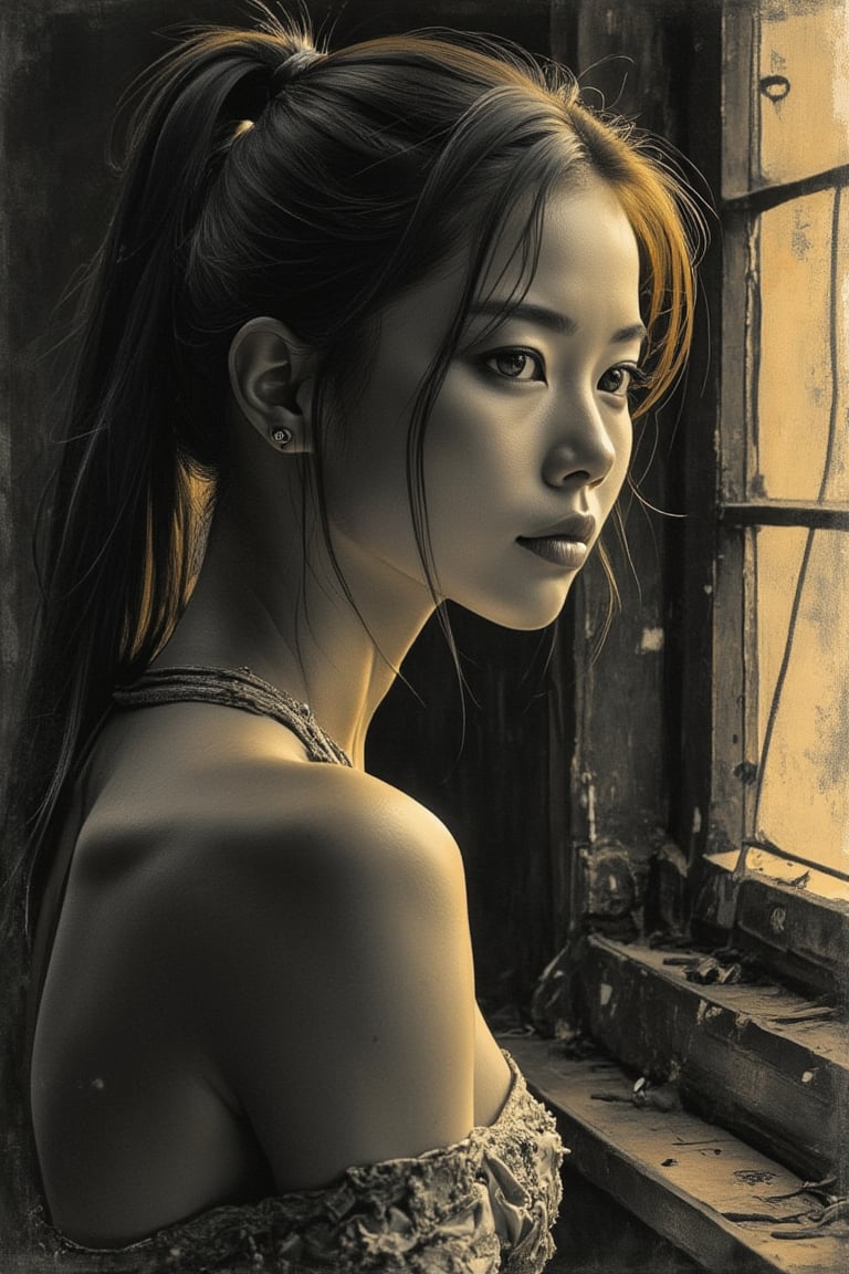 drawing of a indonesian woman with straight hair in a long ponytail.
dark brownish eyes
sitting by an old wooden window
warm golden light streaming in, illuminating her face and surroundings. with The interplay of light and shadow on her features conveys a sense of calm and introspection.
A captivating black and white charcoal drawing, intricate details of the artwork, realistic and emotional atmosphere., illustration.
