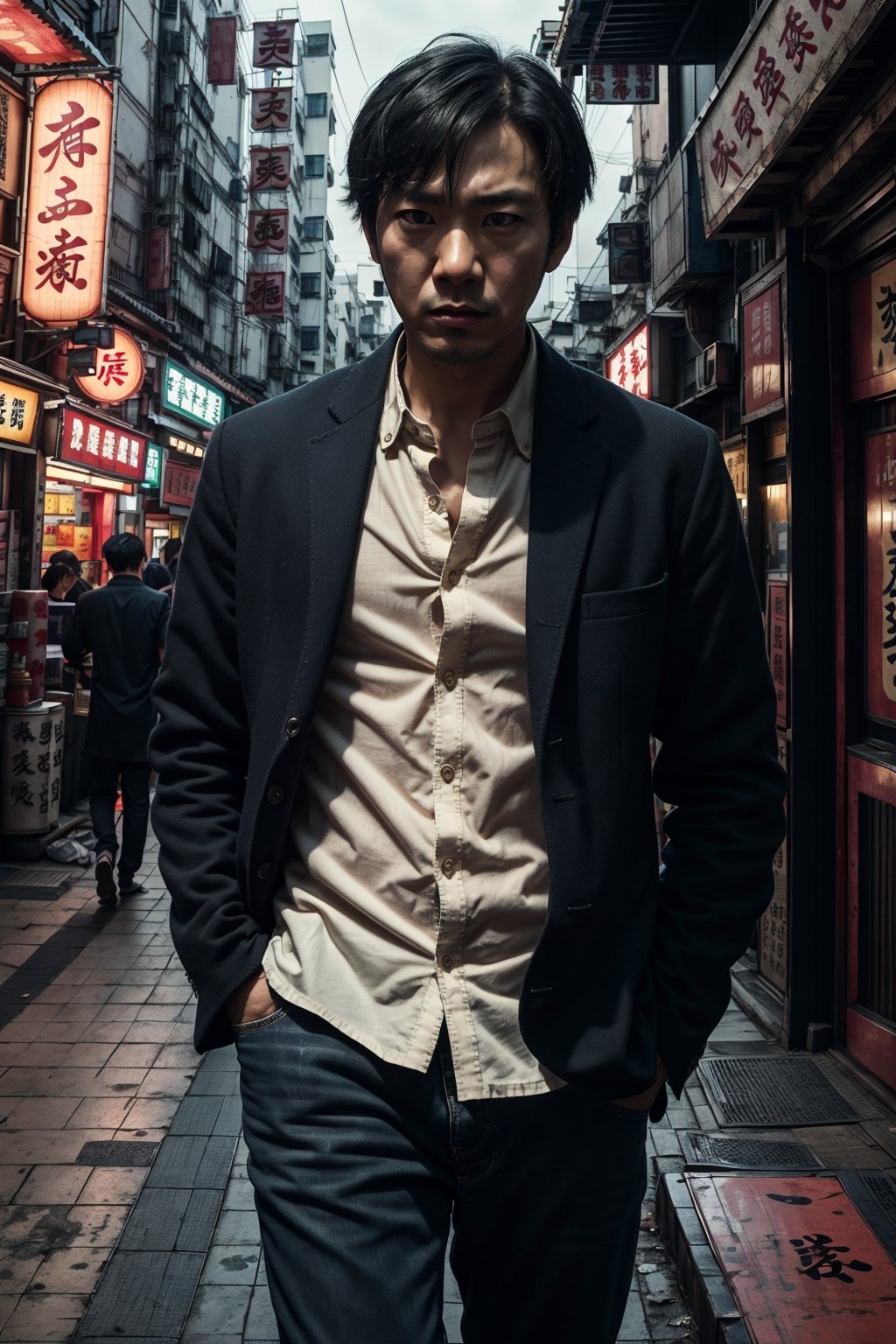 1man,close up photo, ((male)),looking at viewer, short hair, shirt, black hair, closed mouth, standing, white shirt, (white collared shirt),(rolled up long sleeves). male focus, outdoors, pants, black pants, box, jeans, realistic, shop, a picture by Ni Yuanlu, pexels contest winner, photorealism, still from a live action movie, in style of kar wai wong, a still of kowloon, movie still 8 k, japanese live-action movie, cinematic. by leng jun, 8 k movie still,shop, realistic