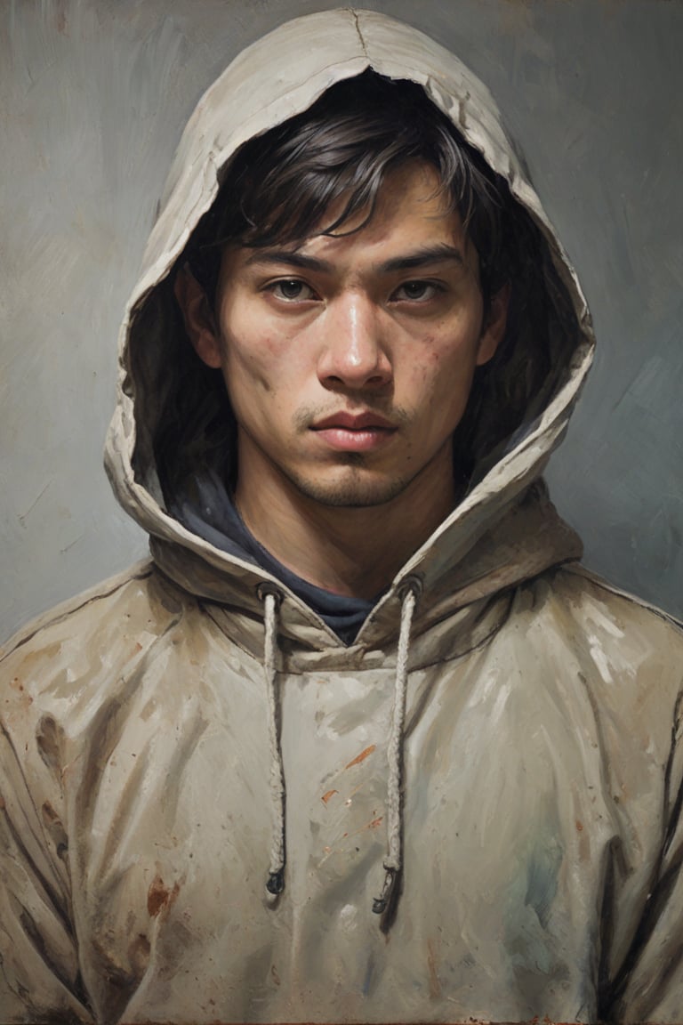 Oil painting, Oil painting art. Oil Painting Portrait oil art, amazing quality, masterpiece, best quality, highres, breathtaking. solo Asian man, late 30's, with short messy black hair. wearing hoodie (hood-down), stands in manly pose. portrait art style,portrait from head to waist, concept art,modern theme . The composition is centered, focusing on captivating expression, rendered with visible brush strokes and detailed oil application, reminiscent of Goya's work.