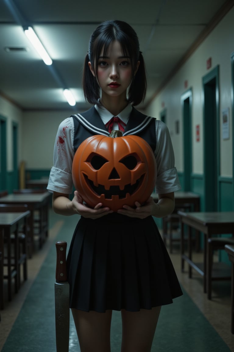 In a dimly lit, abandoned school building at dusk, a high school girl with a bobcut hairstyle and a red ribbon tied around her head stands out against the eerie atmosphere. She wears a Japanese schoolgirl uniform, complete with high knee socks, but her overall appearance is marred by a creepy smile and bloodstains covering her clothes. Her right hand grasps a large kitchen knife, while her left hand cradles an equally massive pumpkin mask. The flickering fluorescent lights overhead cast long shadows, accentuating the girl's unsettling demeanor as she surveys her desolate surroundings.