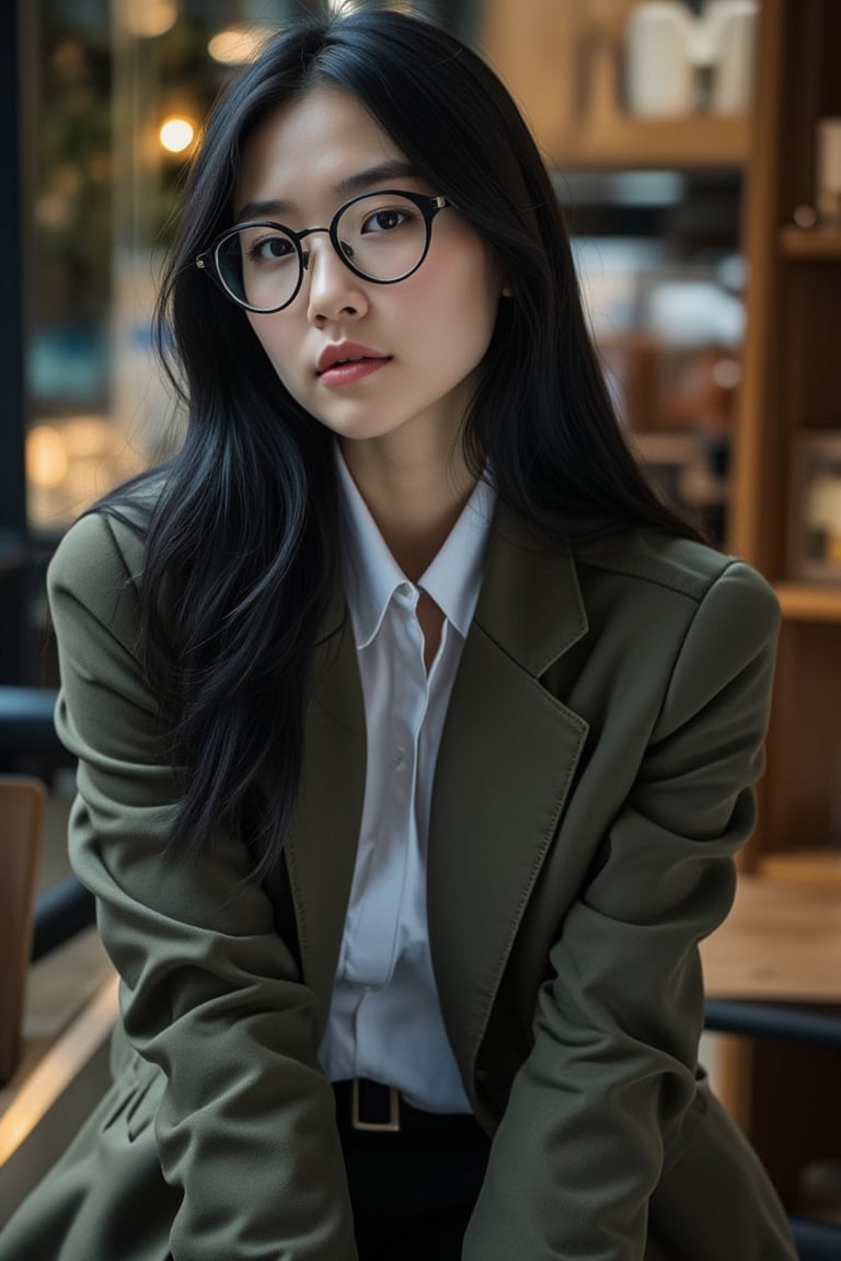 40 years old Asian woman, long straight hair, wear glasses, sit,sad, candid moment, black hair, long sleeves,jacket, white collared shirt, cowboy shot, indoors, open jacket, solo focus, pants