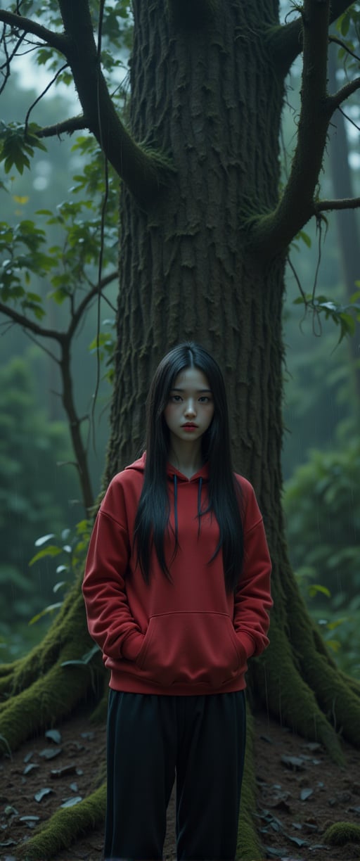 A serene and mysterious scene unfolds as a lone girl stands beneath the towering canopy of a big old tree, surrounded by the darkness of the forest. Her long black hair cascades down her back like a waterfall, while her piercing eyes shine bright despite being closed in a subtle smile. She wears long black loose trousers and a red hoodie, the latter's sleeves pushed up to reveal her hands buried deep into its pockets. The rain-soaked atmosphere casts a mystical glow, as if the forest itself is sharing secrets with this enigmatic figure. Shot from afar, the composition emphasizes the subject's solitude and connection with nature.