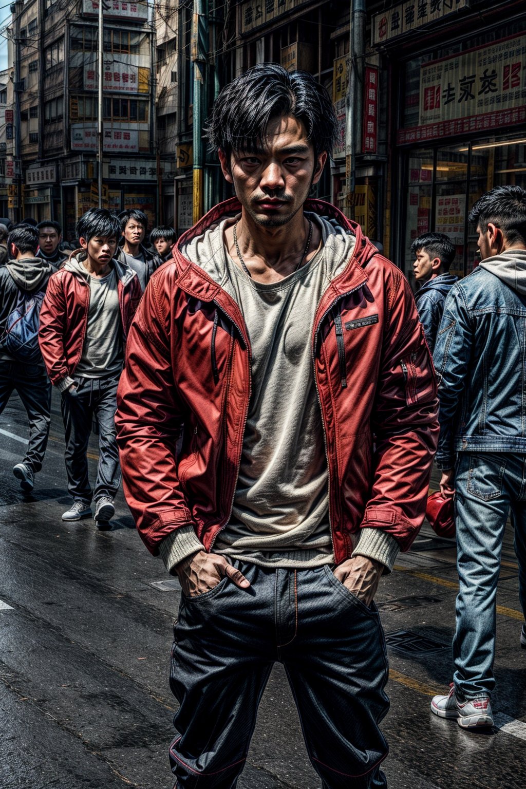 1man,((male)),looking at viewer, short hair, shirt, black hair, long sleeves, closed mouth, standing, jacket, male focus, outdoors, multiple boys, open clothes, pants, hood, 2boys, open jacket, black shirt, black pants, denim, box, red jacket, brown jacket, jeans, realistic, hands in pockets, shop,((fit body)), a picture by Ni Yuanlu, pexels contest winner, photorealism, still from a live action movie, in style of kar wai wong, a still of kowloon, movie still 8 k, japanese live-action movie, cinematic. by leng jun, 8 k movie still,TR mecha style,sunplaza, shop, realistic