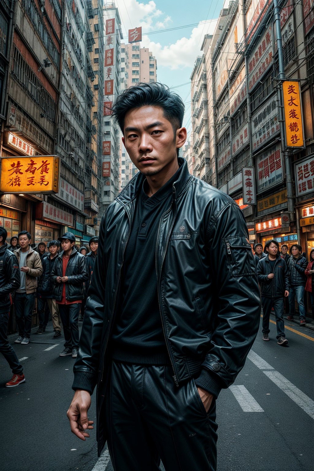 1man,((male)), ((front view)),((eyes on viewer)), man standing in the middle of a street wear jacket,((fit body)), a picture by Ni Yuanlu, pexels contest winner, photorealism, still from a live action movie, in style of kar wai wong, a still of kowloon, movie still 8 k, japanese live-action movie, cinematic. by leng jun, 8 k movie still