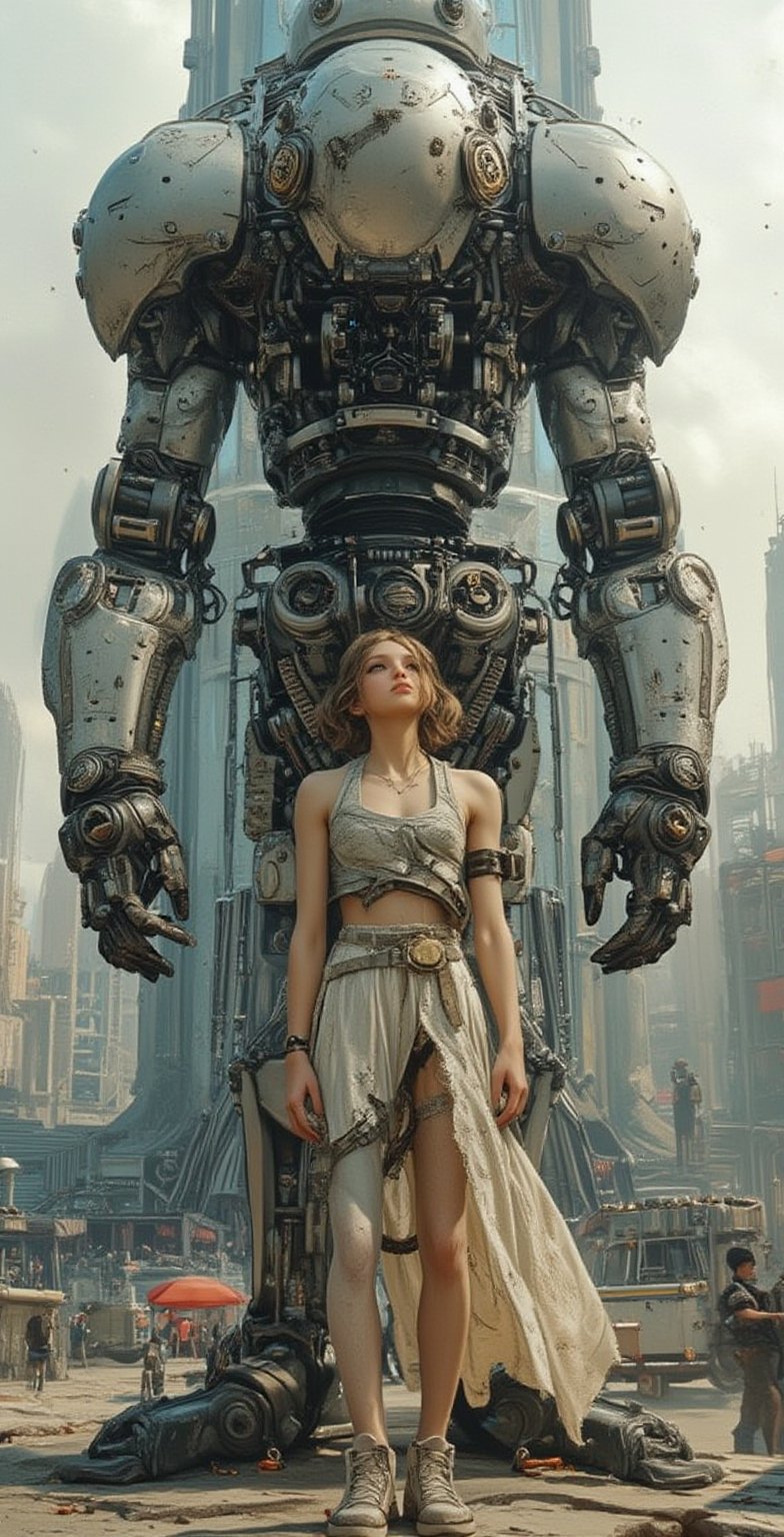 A skinny girl, dwarfed by the colossal mechanical arm grafted onto her right side, which is a stark contrast to her otherwise delicate frame. The arm, a marvel of industrial design, is three times the size of her body, composed of gleaming chrome and intricate cogs, emanating an aura of power and technology. Each metallic joint is carefully constructed, allowing for fluid and precise movements that seem almost organic despite its mechanical nature. The girl's face is a mix of determination and awe, her eyes sparkling with a sense of wonder and challenge as she gazes into the distance. Her frail human arm is tucked protectively against her body, emphasizing the stark difference in strength and scale between the two. She stands on the edge of a futuristic cityscape, with towering skyscrapers in the background that mirror the grandeur of her newfound extension. The scene is bathed in the soft glow of a setting sun, casting long shadows and highlighting the fine dust particles that dance in the air around the mechanical behemoth. The city below bustles with life, yet all eyes seem drawn to this unusual figure standing tall above them. The juxtaposition of her vulnerable human form with the mighty mechanical limb tells a silent story of transformation, resilience, and the boundless potential of human innovation.